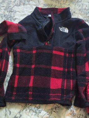 The North Face Black and Red Plaid Fleece Snap Pullover